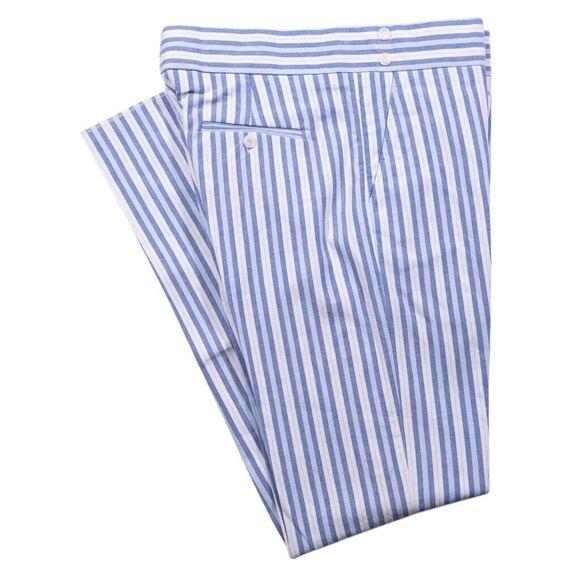 Mens Gurkha Pants Blue White Striped Cotton Slim Straight Flat Front Trousers 36